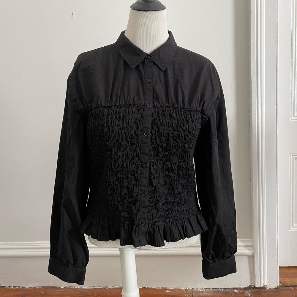 Gap Black Smocked Button Down Peplum Top XL